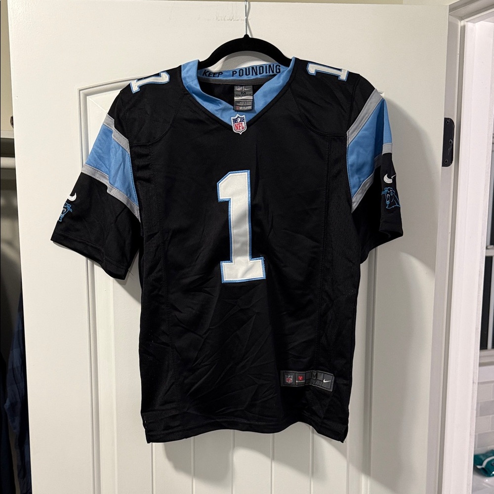 Cam Newton On Field Black and Light Blue Jersey